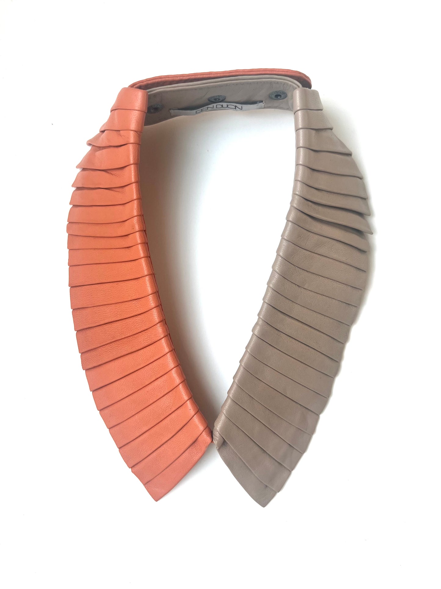Denduon DUO Blooming Dahlia and Mushroom leather collar on white background